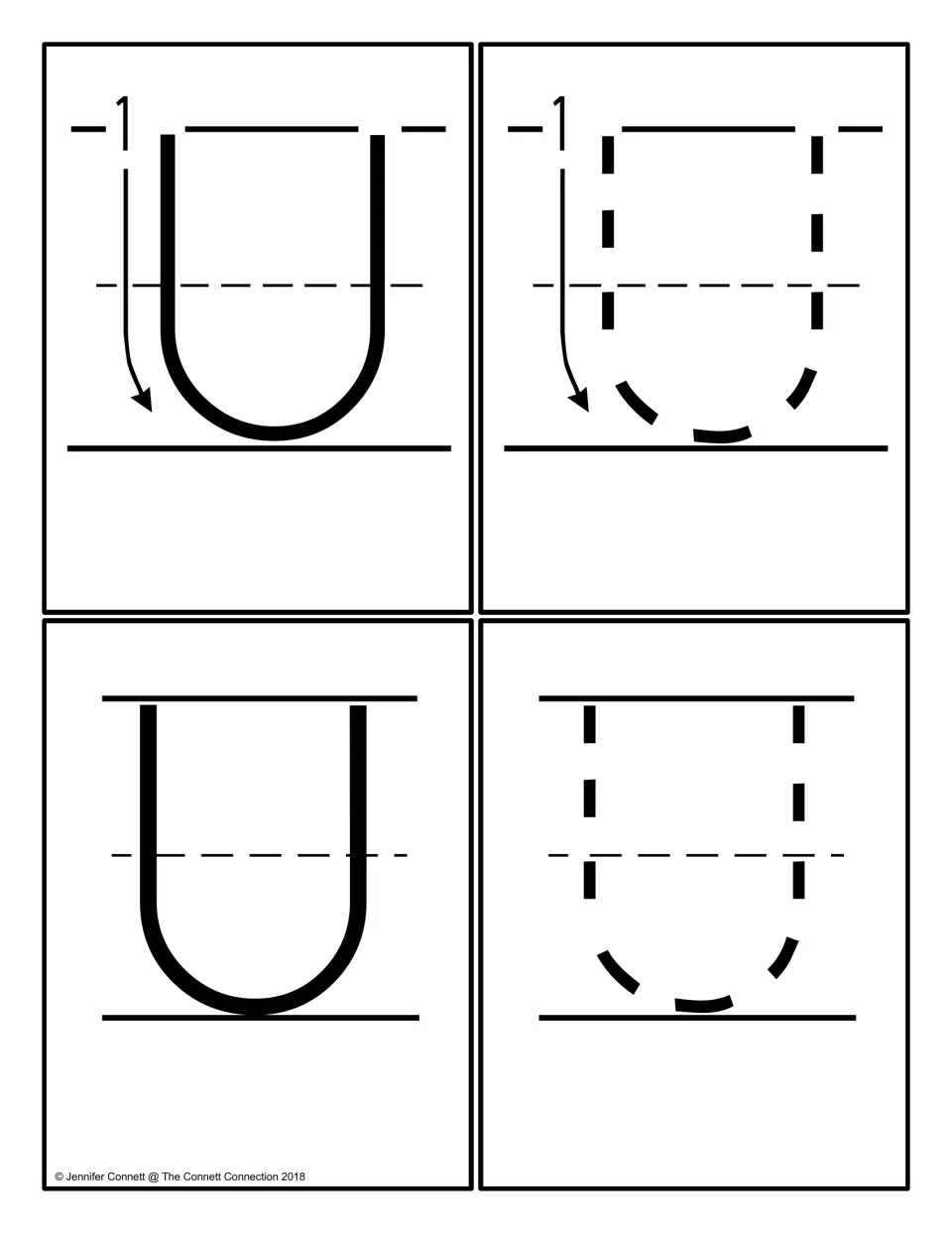 Capital U tracing cards: an arrow stroke model, a dotted U to trace, plus a solid U and a dotted U on writing lines