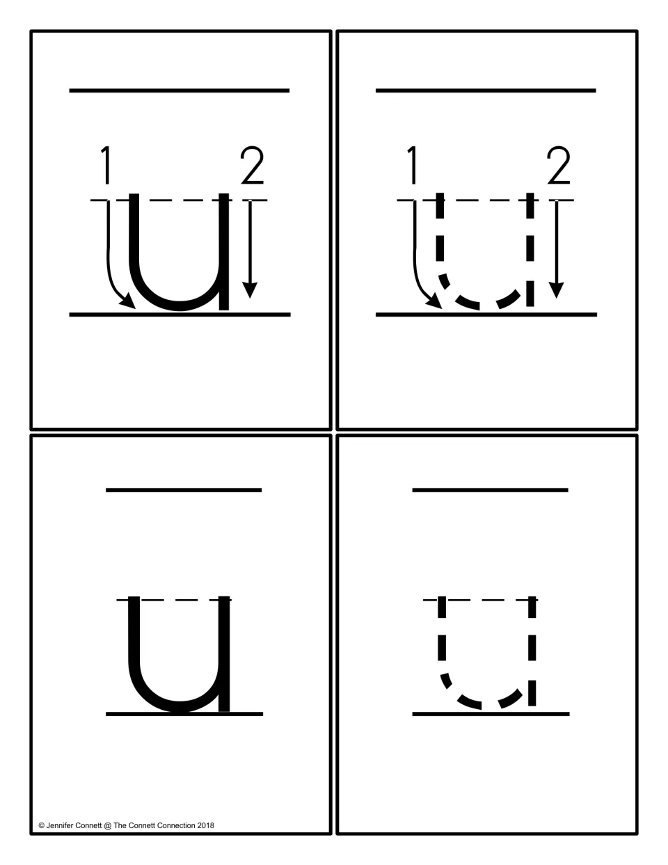 Lowercase u tracing cards: two-step stroke order shown with arrows, a dotted u to trace, a solid u and a plain dotted u