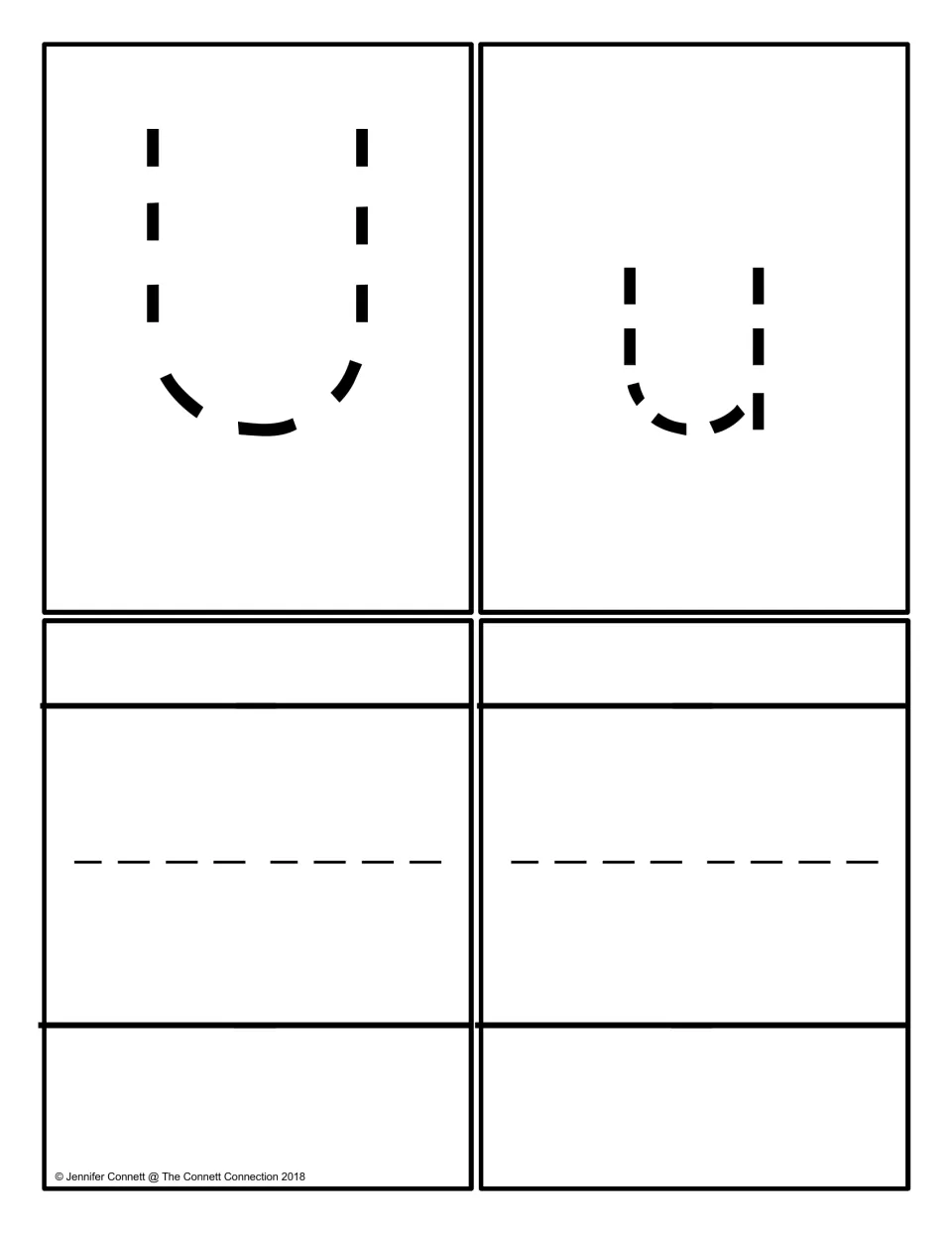 Letter U cards: one dotted uppercase U and one dotted lowercase u to trace, plus two blank cards for writing the letter