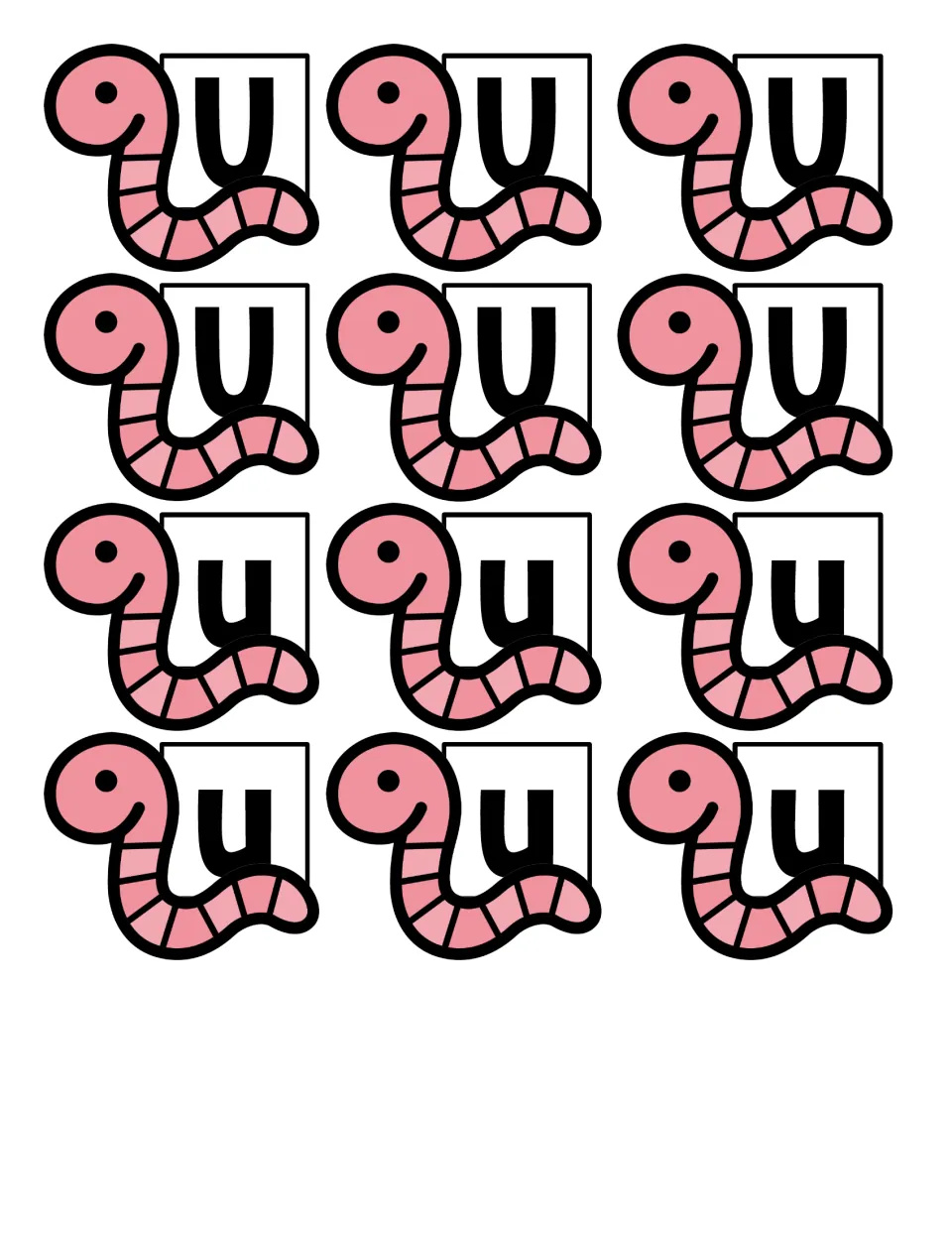 Letter U cut-out cards: 12 pink worms, six holding capital U and six holding lowercase u, for sorting by letter case