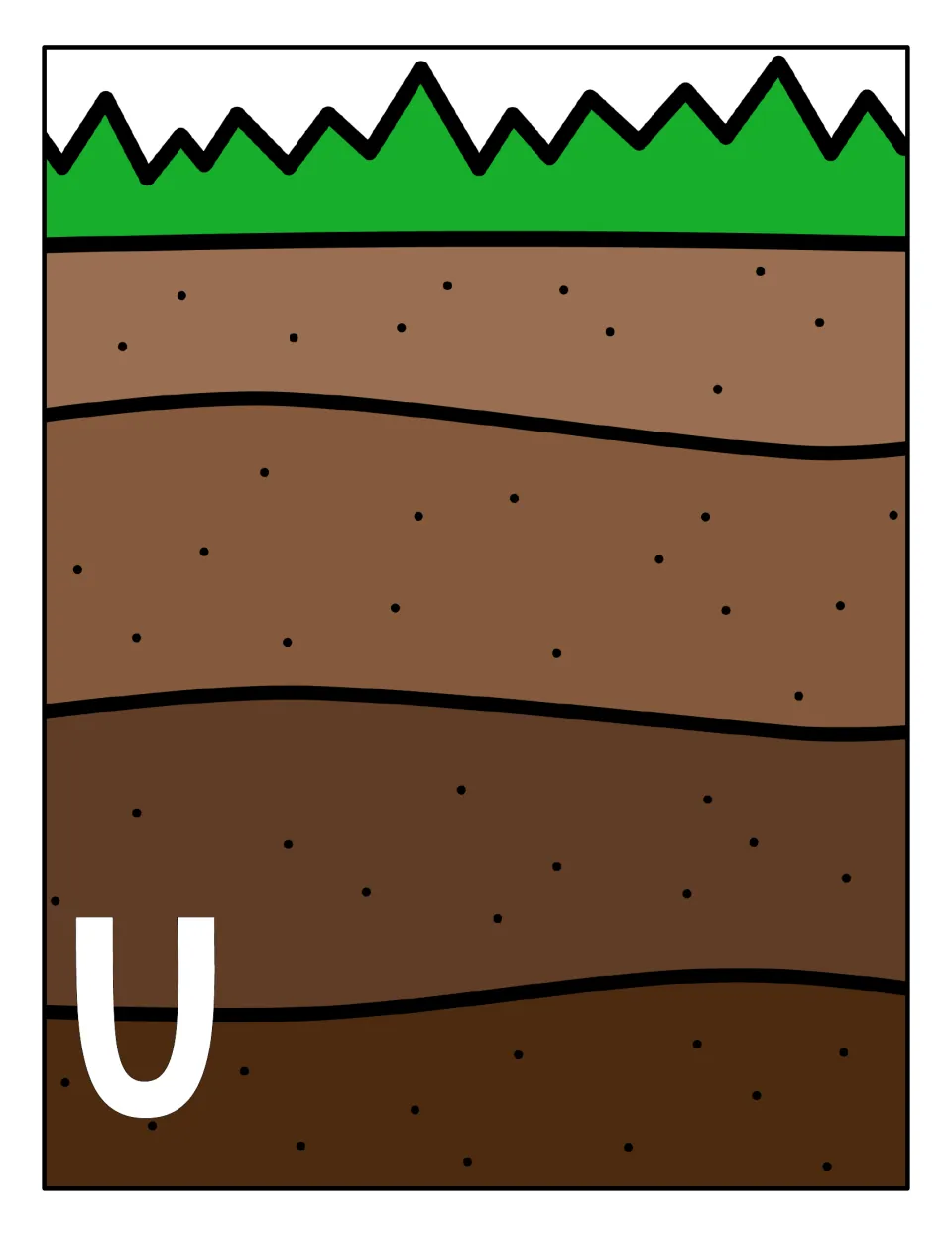 Capital U sorting mat: a layered soil and grass scene marked with a large U where students place the capital U worm cards