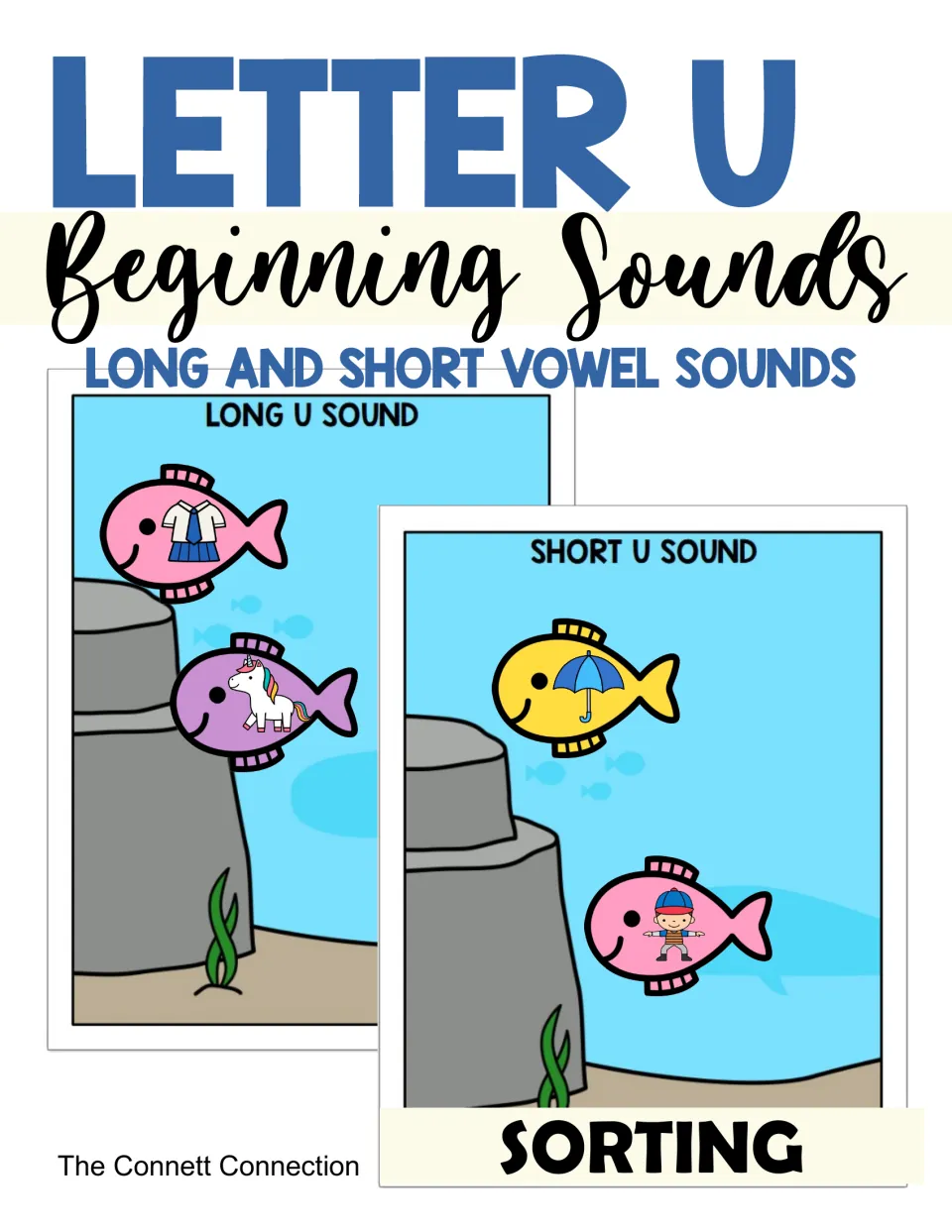 Letter U beginning sounds cover: long and short vowel sorting with fish picture cards on Long U and Short U ocean mats
