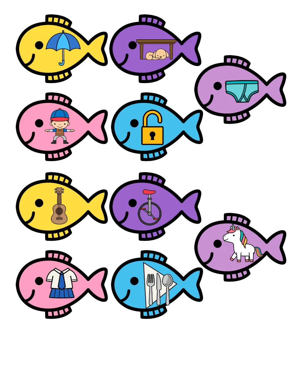 Letter U picture cards: 10 fish to cut out, each showing a U word picture such as umbrella, unicorn, ukulele and uniform