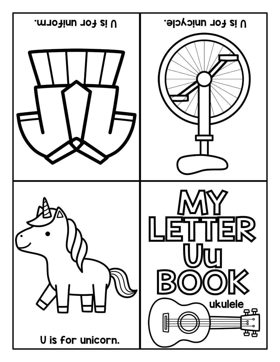 Letter U sounds: fold-up book pages to color for unicorn, unicycle and uniform, plus a Uu book cover with a ukulele