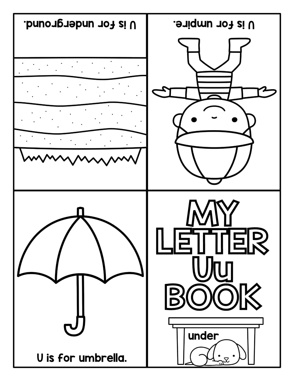 Letter U sounds, sheet two: pages to color for umbrella, umpire and underground, plus a cover with a puppy under a table