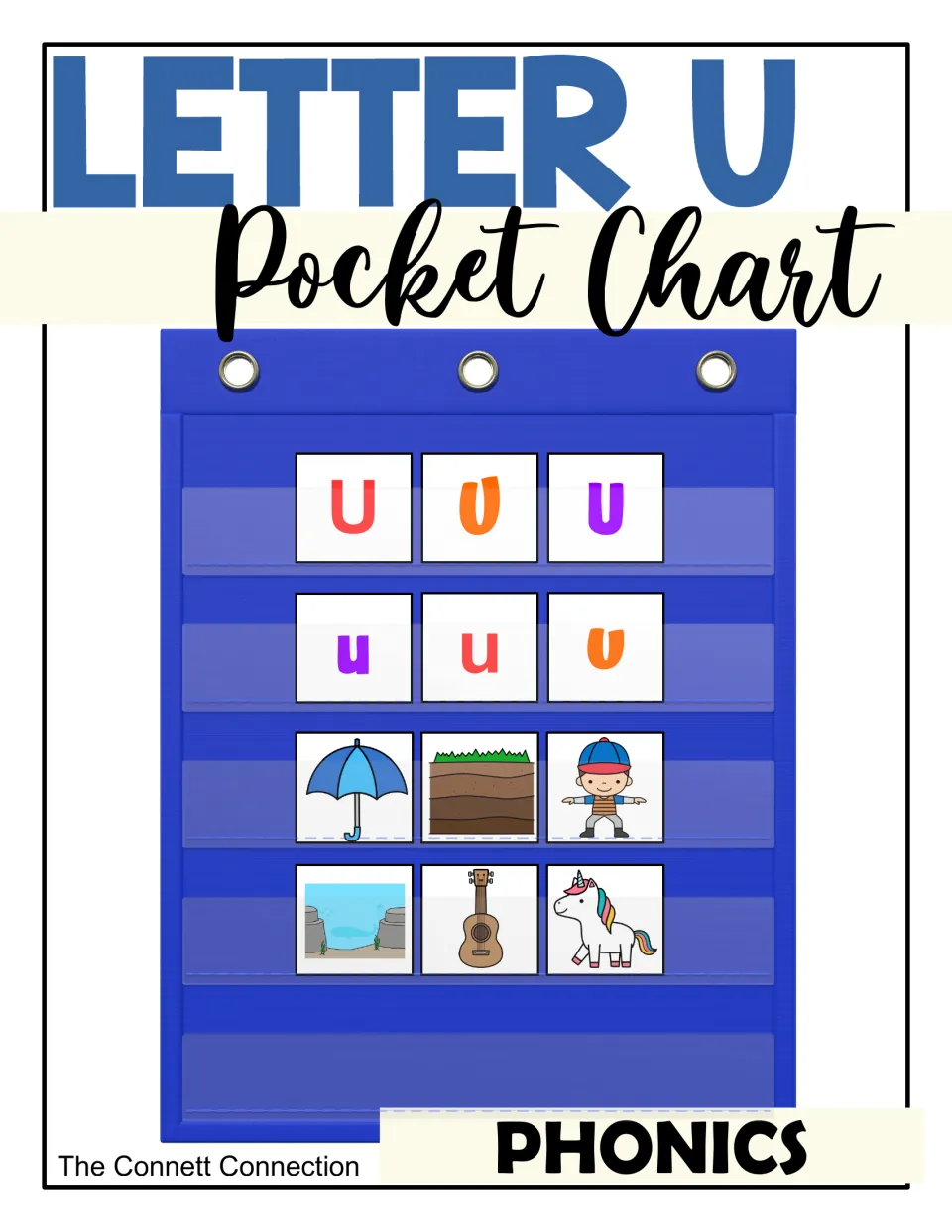 Letter U Pocket Chart cover: a pocket chart holding U and u letter cards plus umbrella, unicorn and ukulele picture cards