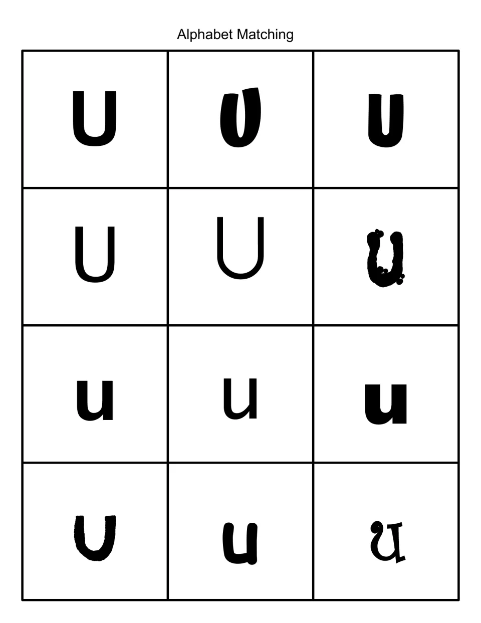 Alphabet matching in black and white: 12 cards showing uppercase U and lowercase u in varied fonts to sort and match