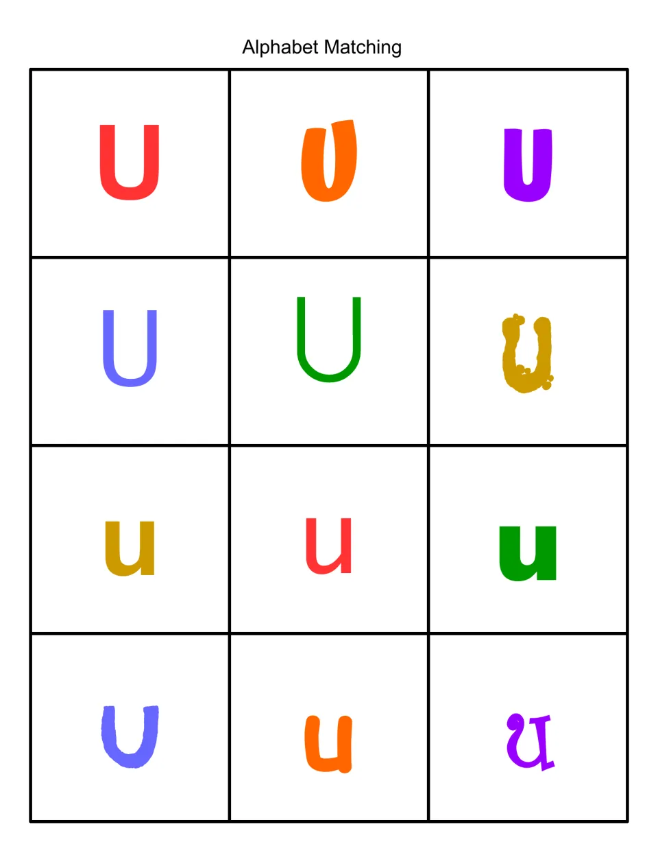 Alphabet matching in color: 12 cards of uppercase U and lowercase u in varied fonts and bright colors to sort and match
