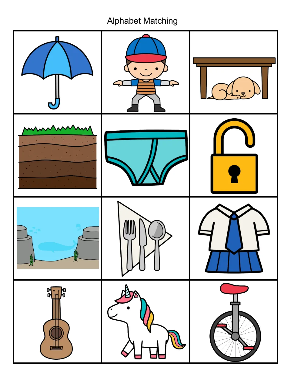 Alphabet matching: 12 U picture cards such as umbrella, underwear, unlock, uniform, ukulele, unicorn and unicycle