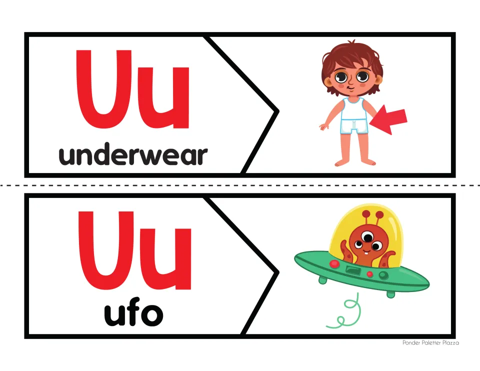 Letter U beginning sound: students cut and match two-piece puzzles pairing Uu underwear and Uu ufo with pictures