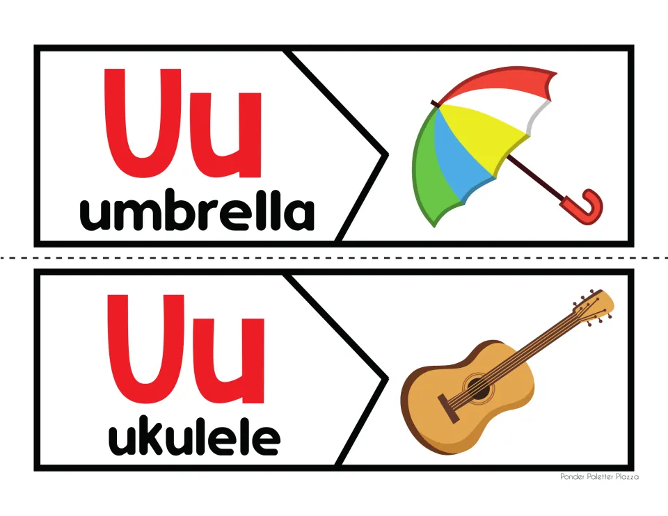 Beginning sound U: students match Uu umbrella and Uu ukulele word pieces to their picture halves in two puzzles