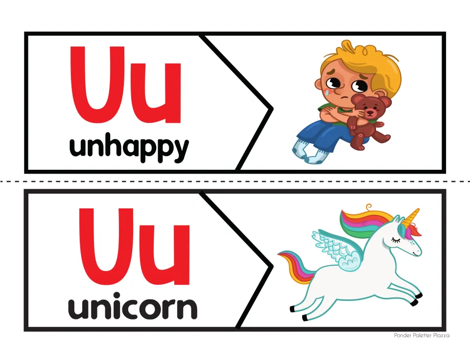 U words puzzle pieces: students join Uu unhappy to a sad boy hugging a teddy bear and Uu unicorn to a winged unicorn