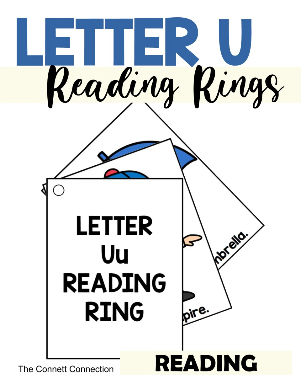 Letter U Reading Rings cover: a fanned stack of hole-punched Uu picture cards showing an umbrella and an umpire