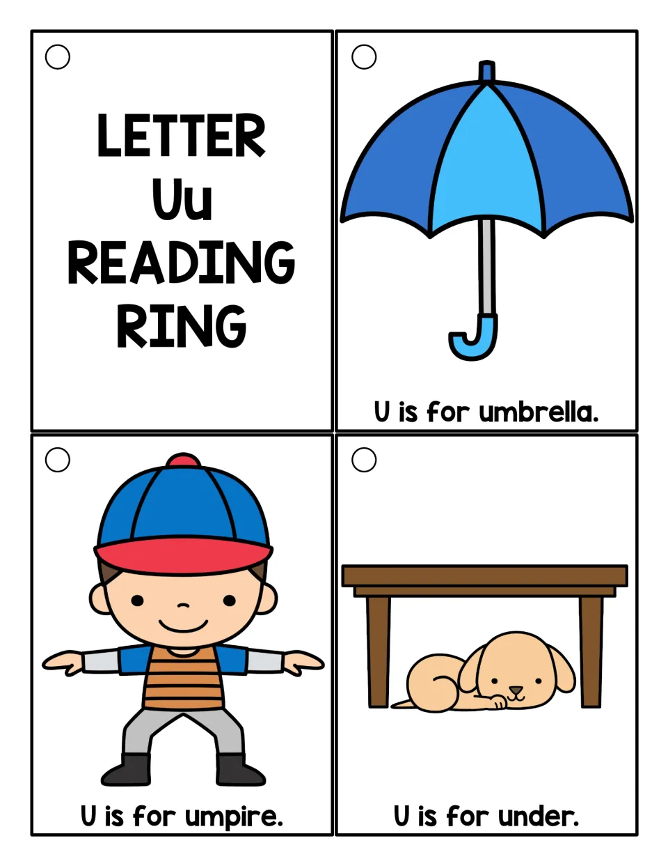 Short u cards: a Uu title card, then 'U is for umbrella', 'U is for umpire' and 'U is for under', each with a picture