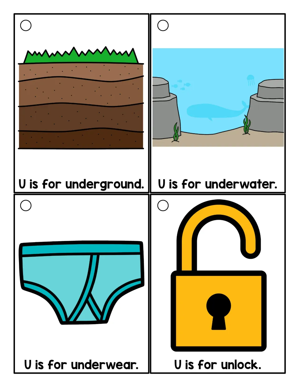 U sound color cards: students read 'U is for' underground, underwater, underwear and unlock beside each picture