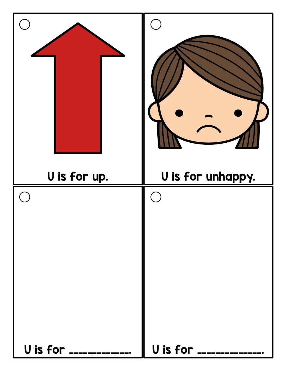 Short u cards for up and unhappy with pictures, plus two blank 'U is for ____' cards to draw and write a U word