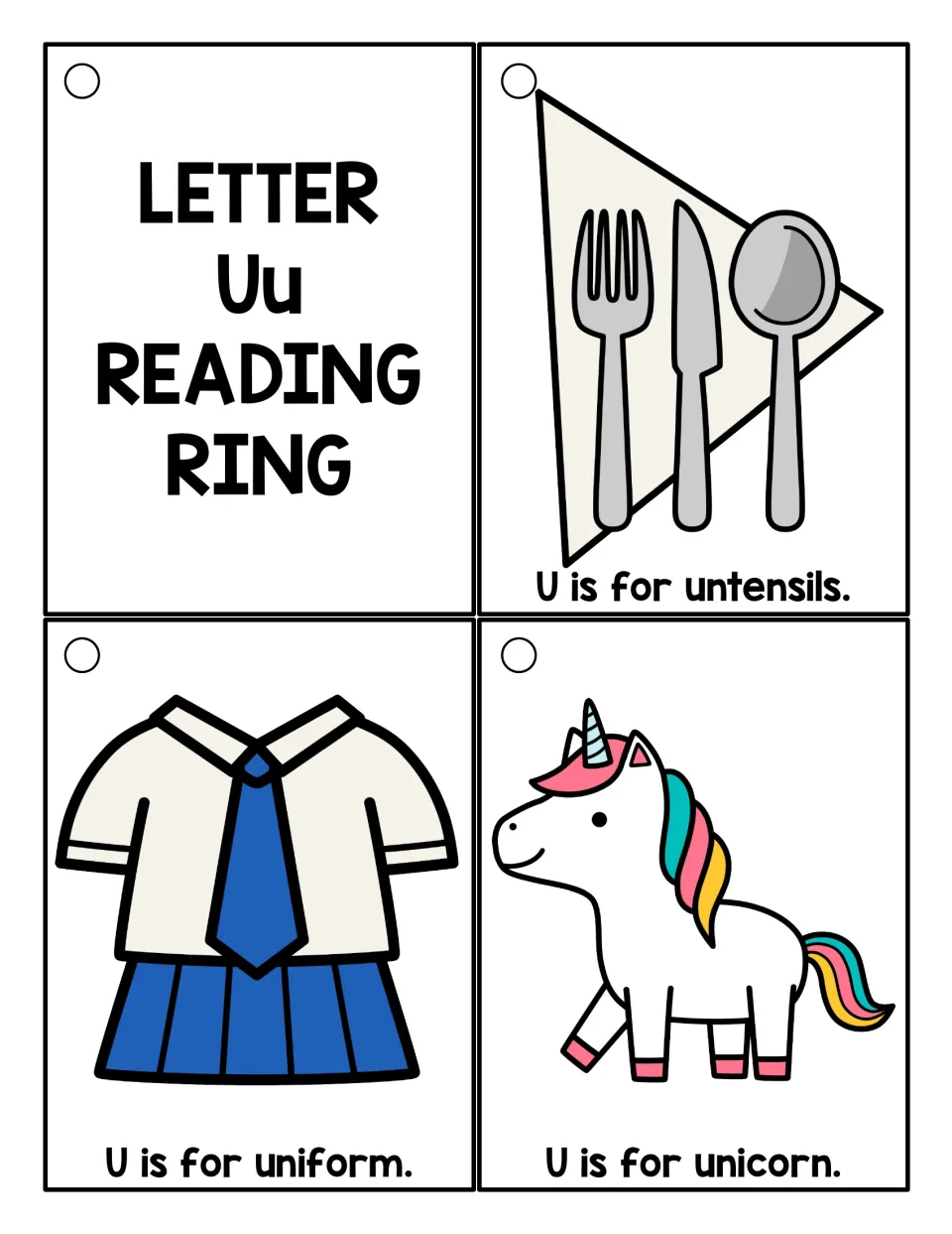 Long u color cards: Uu title card, then utensils (printed 'untensils'), uniform and unicorn, each pictured