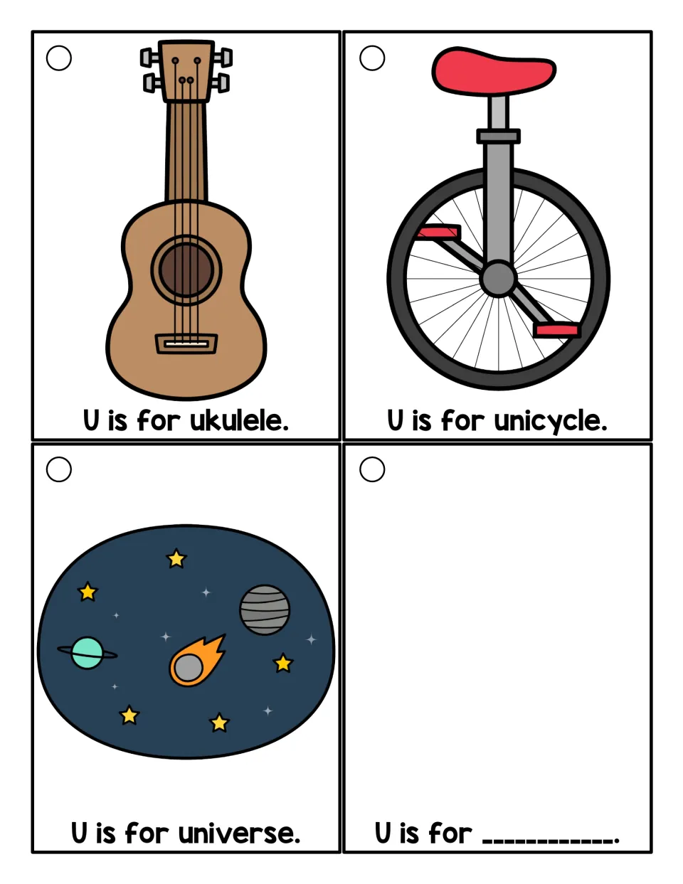 More long u cards: 'U is for' ukulele, unicycle and universe with pictures, plus one blank card to draw a U word
