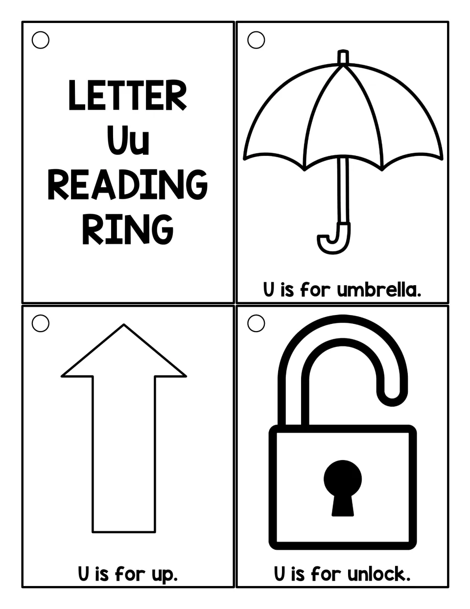 Black-and-white Uu cards to color: a title card, then 'U is for umbrella', 'U is for up' and 'U is for unlock'