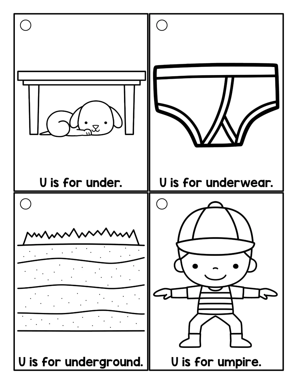 Coloring cards for the U sound: outline pictures for under, underwear, underground and umpire, each labeled 'U is for'