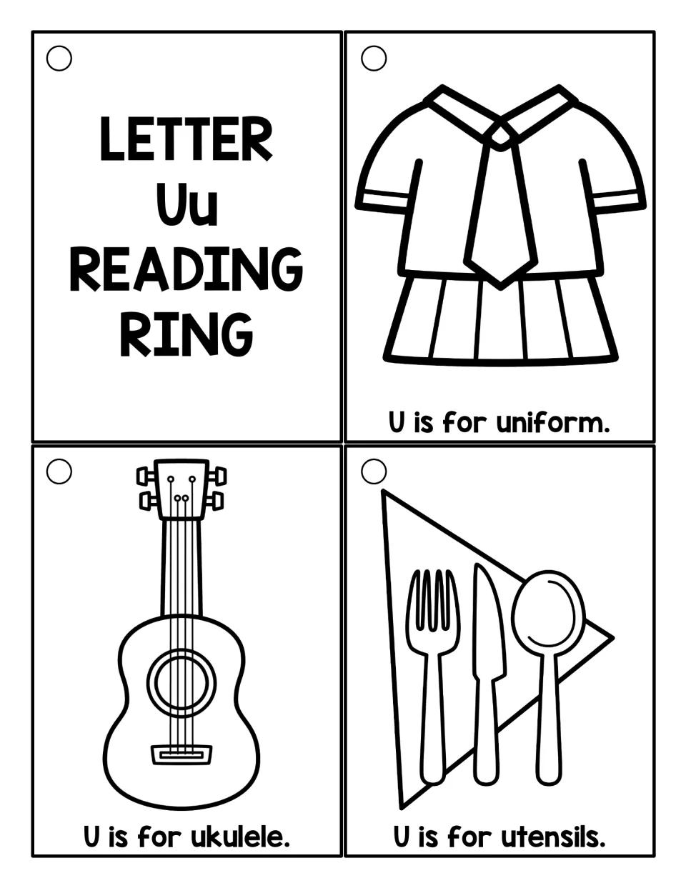 Second black-and-white Uu set: title card, then 'U is for uniform', 'U is for ukulele' and 'U is for utensils' to color
