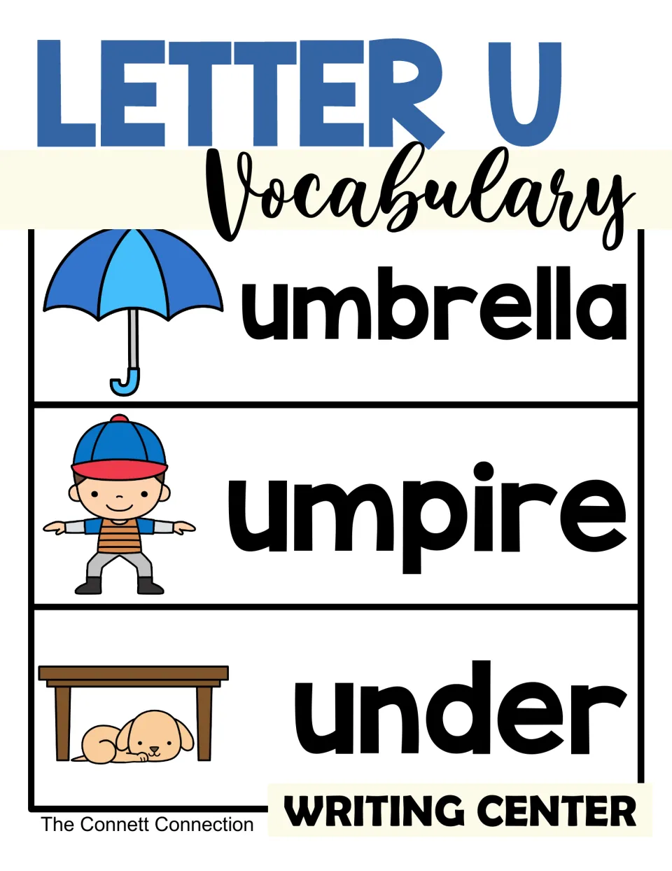 Letter U Vocabulary cover for a writing center, showing picture word cards for umbrella, umpire and under