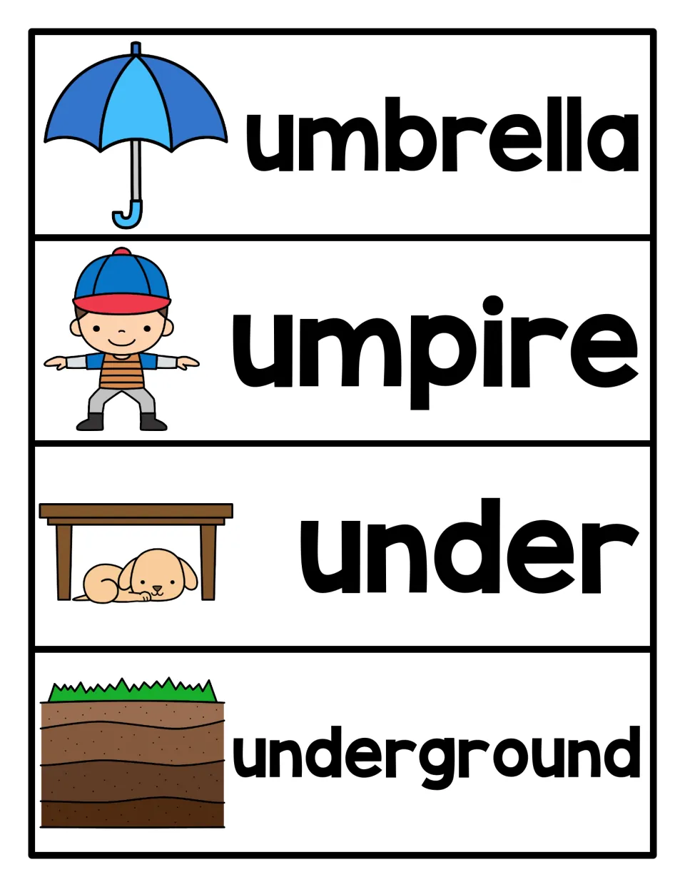 Letter U picture word cards: umbrella, umpire, under (dog beneath a table) and underground, each with a clip-art picture