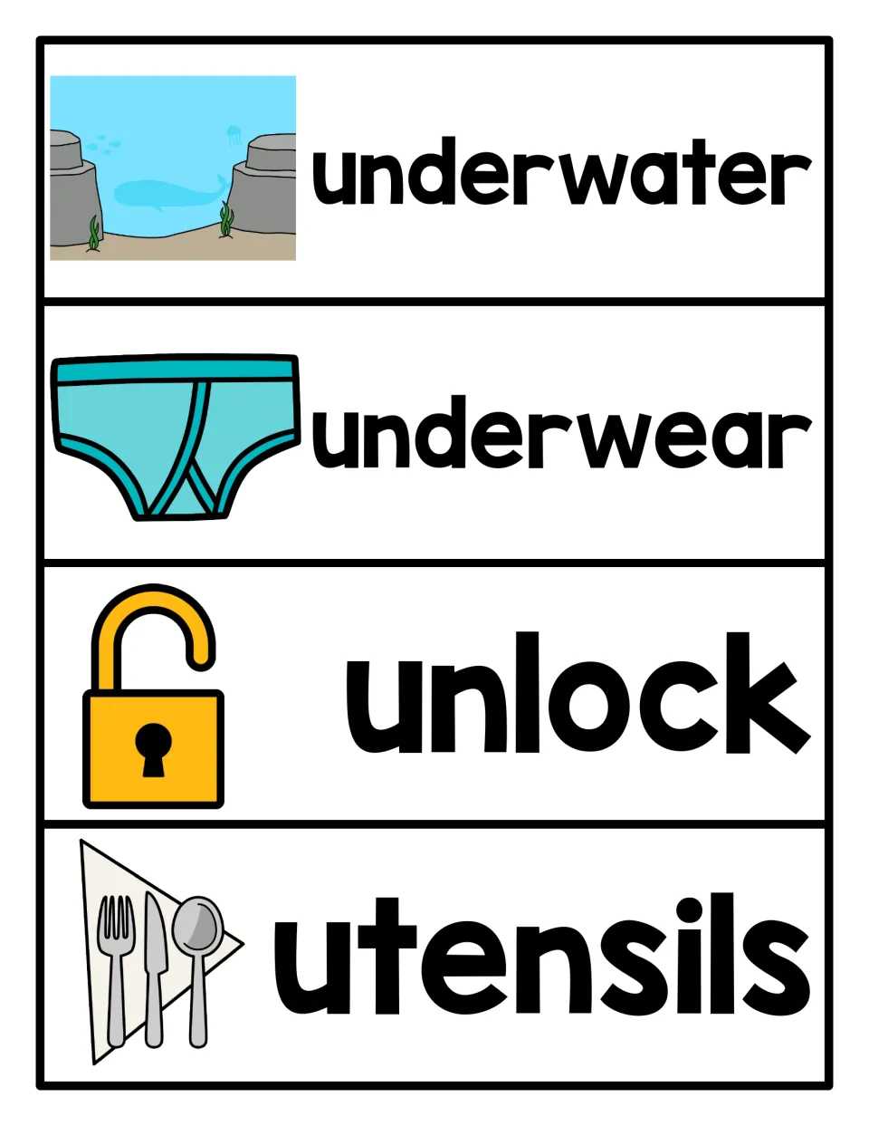 U vocabulary picture cards for underwater, underwear, unlock and utensils, each word in bold beside a matching picture