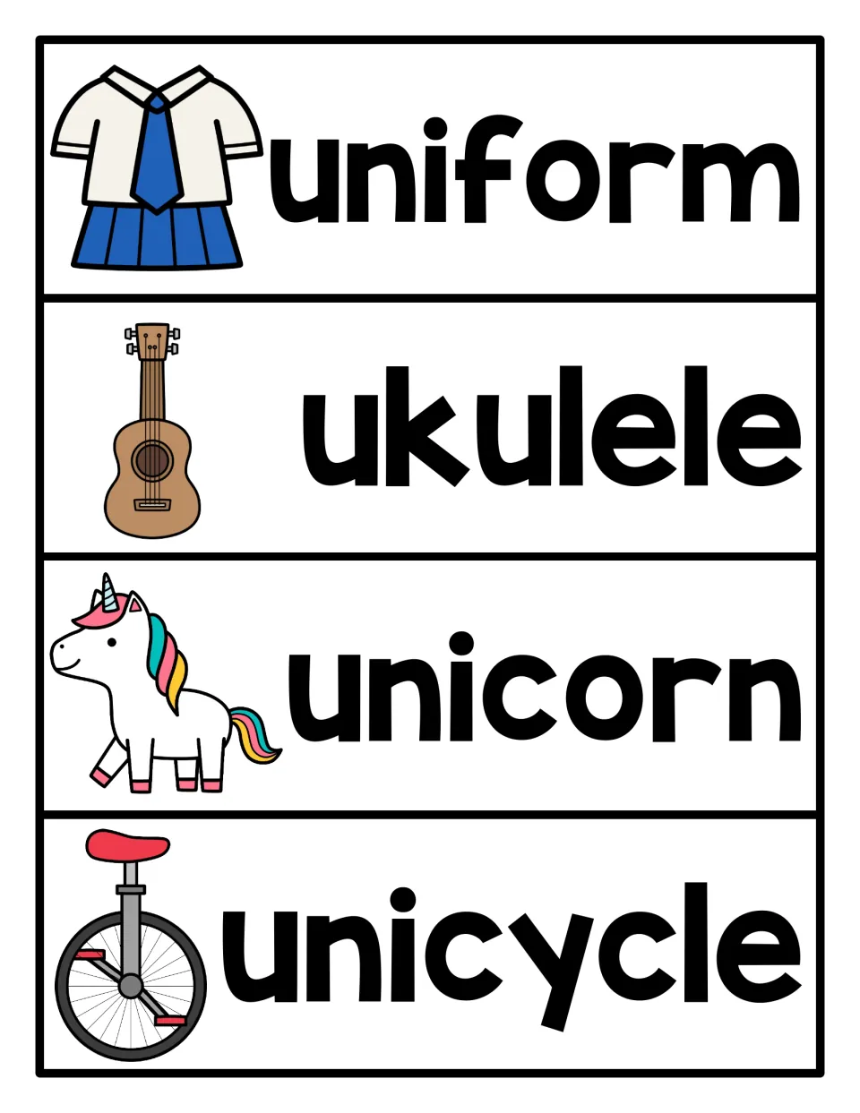 U picture word cards with long u sounds: uniform, ukulele, unicorn and unicycle, each shown with a colorful illustration