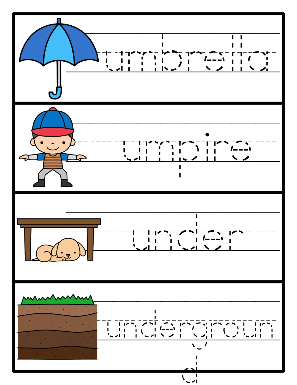 Word tracing practice: students trace dotted lowercase letters to write umbrella, umpire, under and underground