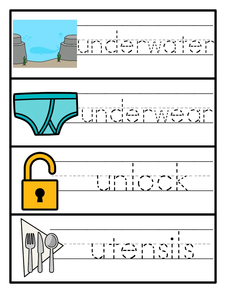 Handwriting tracing cards: students trace the dotted words underwater, underwear, unlock and utensils beside each picture
