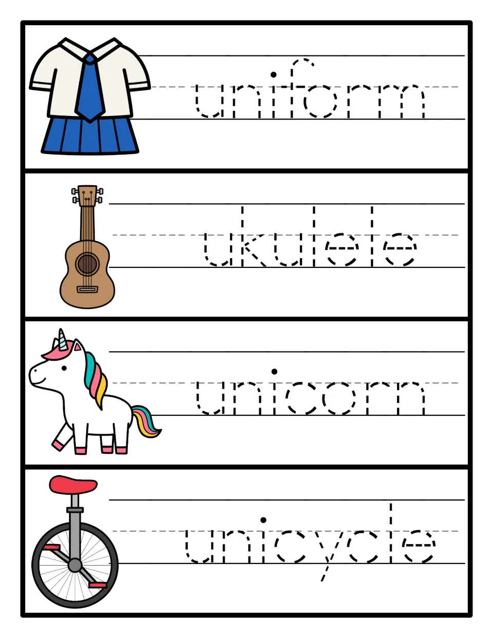 Tracing practice for U words: students trace dotted letters of uniform, ukulele, unicorn and unicycle next to the pictures