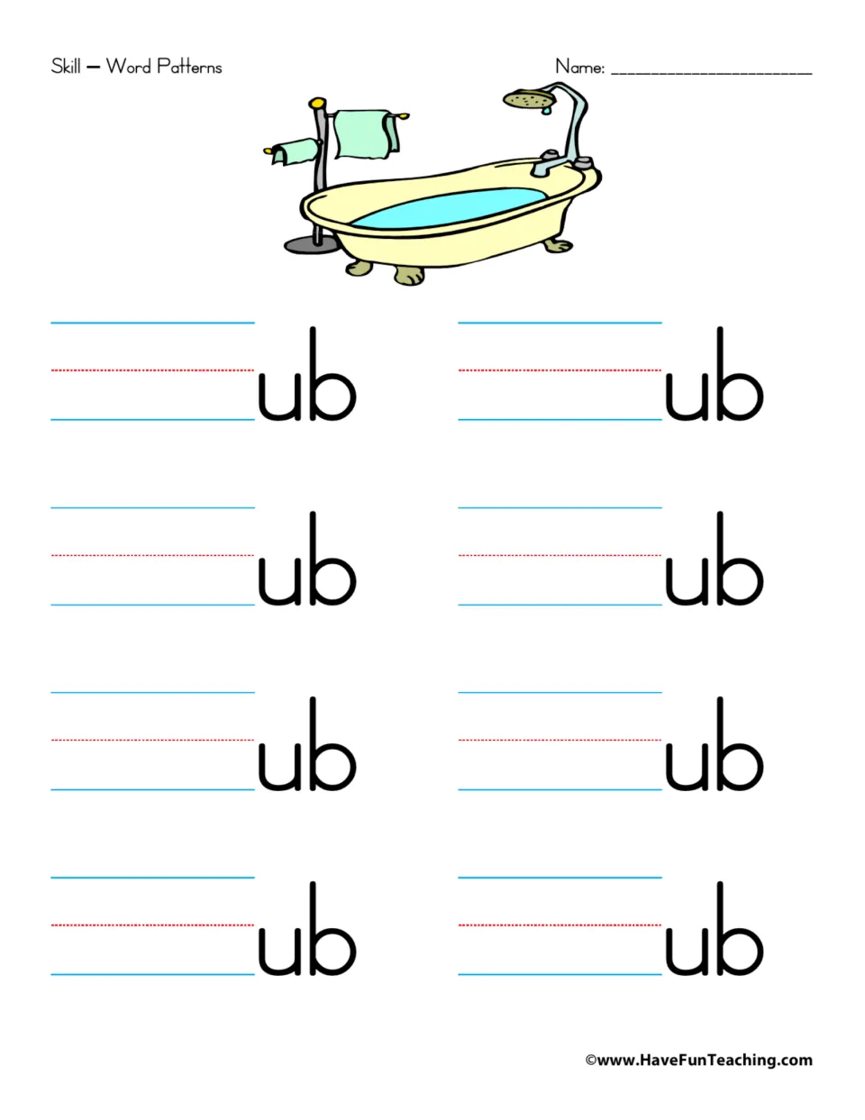 Word family practice for -ub: eight prompts for adding beginning sounds, with a tub picture as a word cue.