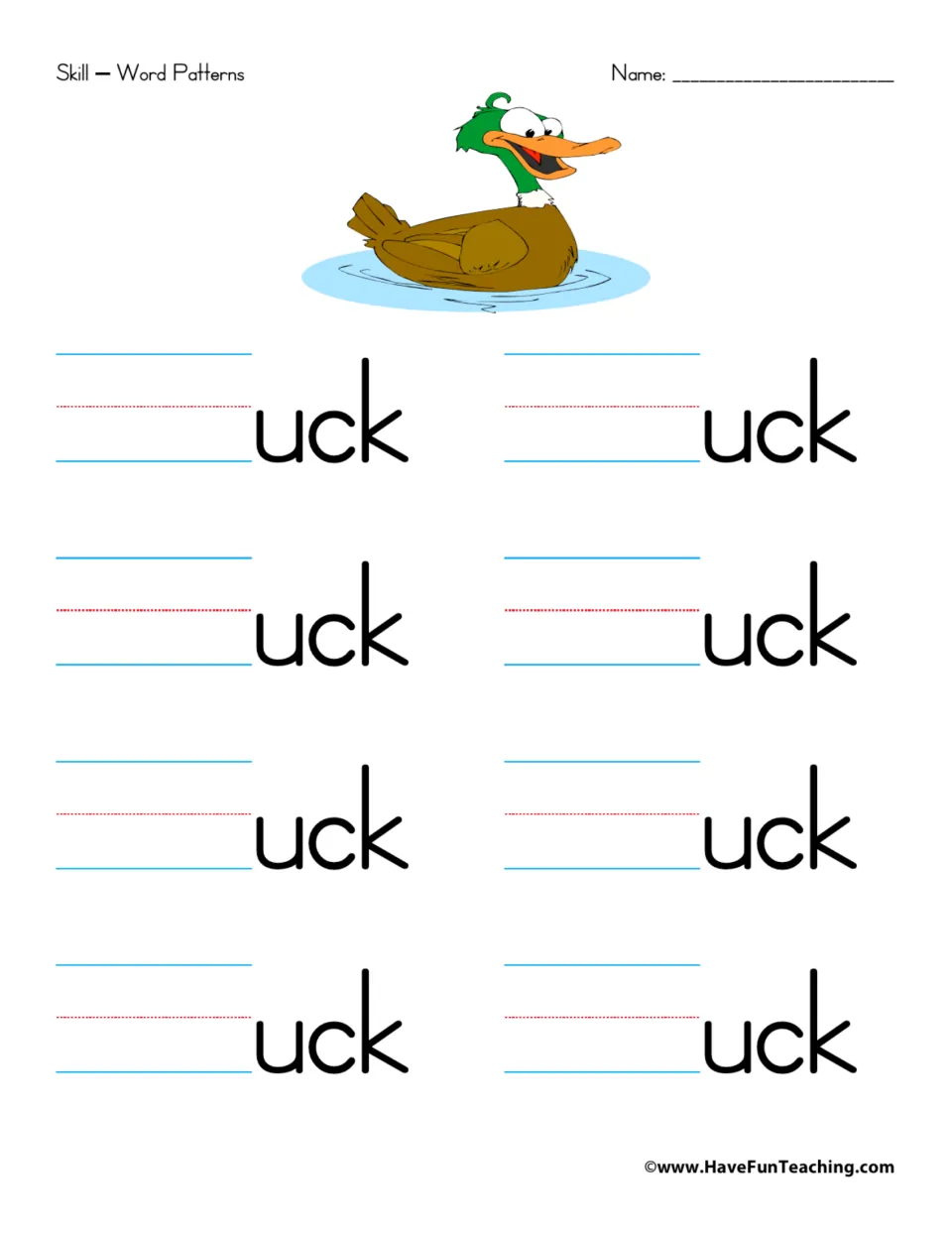 Word family practice for -uck: eight prompts for adding beginning sounds, with a duck picture as a word cue.