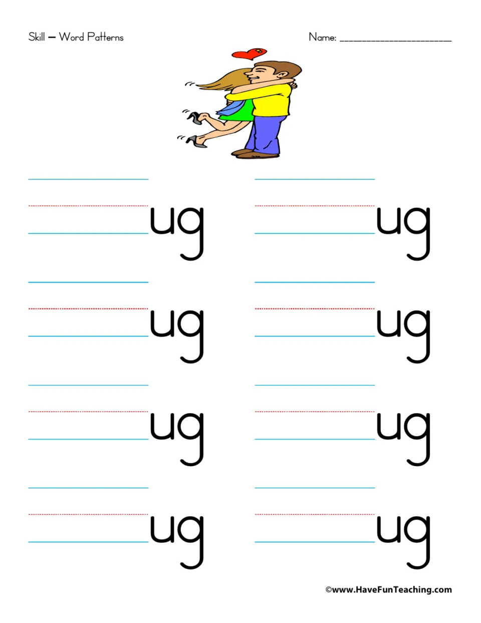 Word family practice for -ug: eight prompts for adding beginning sounds, with a hug picture as a word cue.