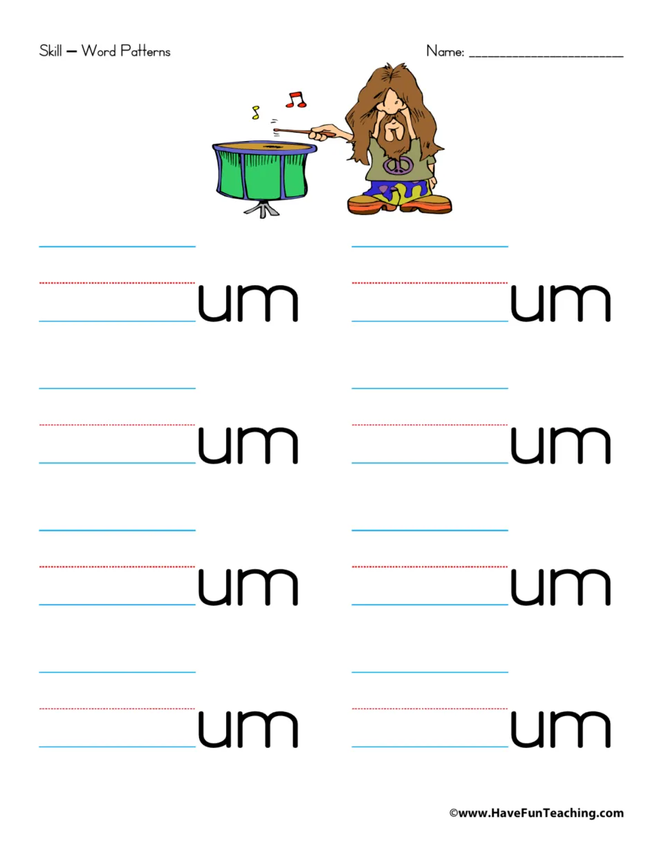 Word family practice for -um: eight prompts for adding beginning sounds, with a drum picture as a word cue.