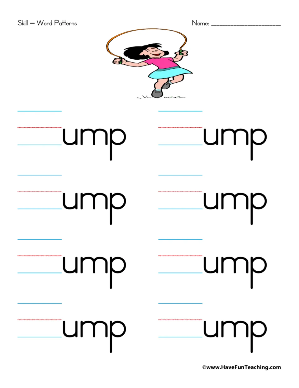 Word family practice for -ump: eight prompts for adding beginning sounds, with a picture cue for jump.