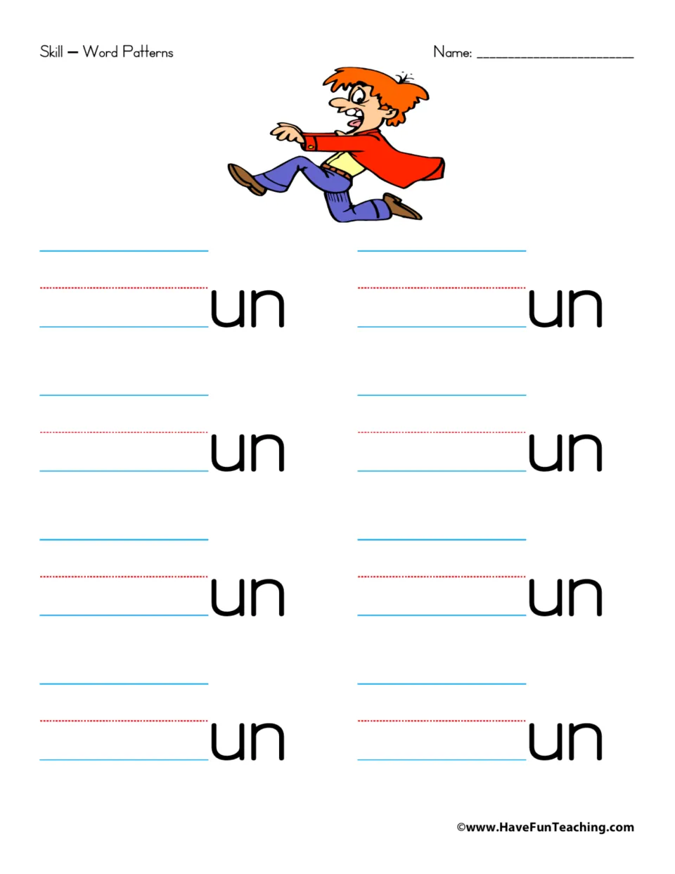 Word family practice for -un: eight prompts for adding beginning sounds, with a picture cue for run.