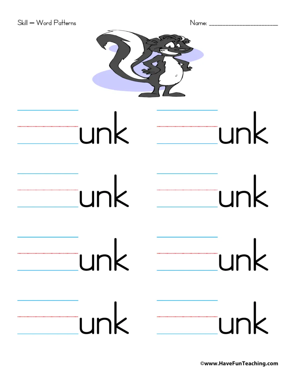 Word family practice for -unk: eight prompts for adding beginning sounds, with a skunk picture as a word cue.