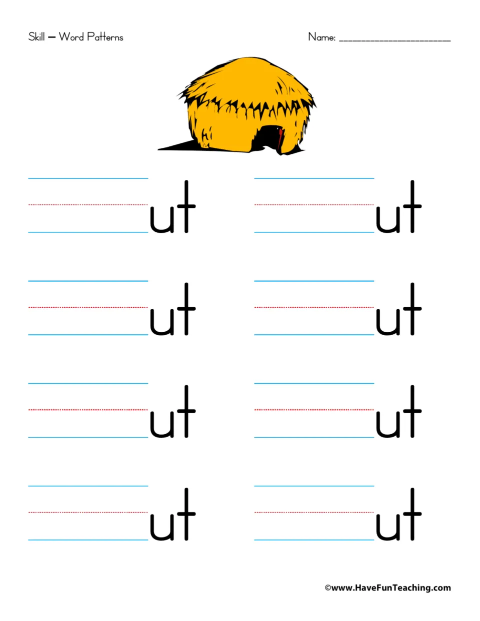 Word family practice for -ut: eight prompts for adding beginning sounds, with a hut picture as a word cue.