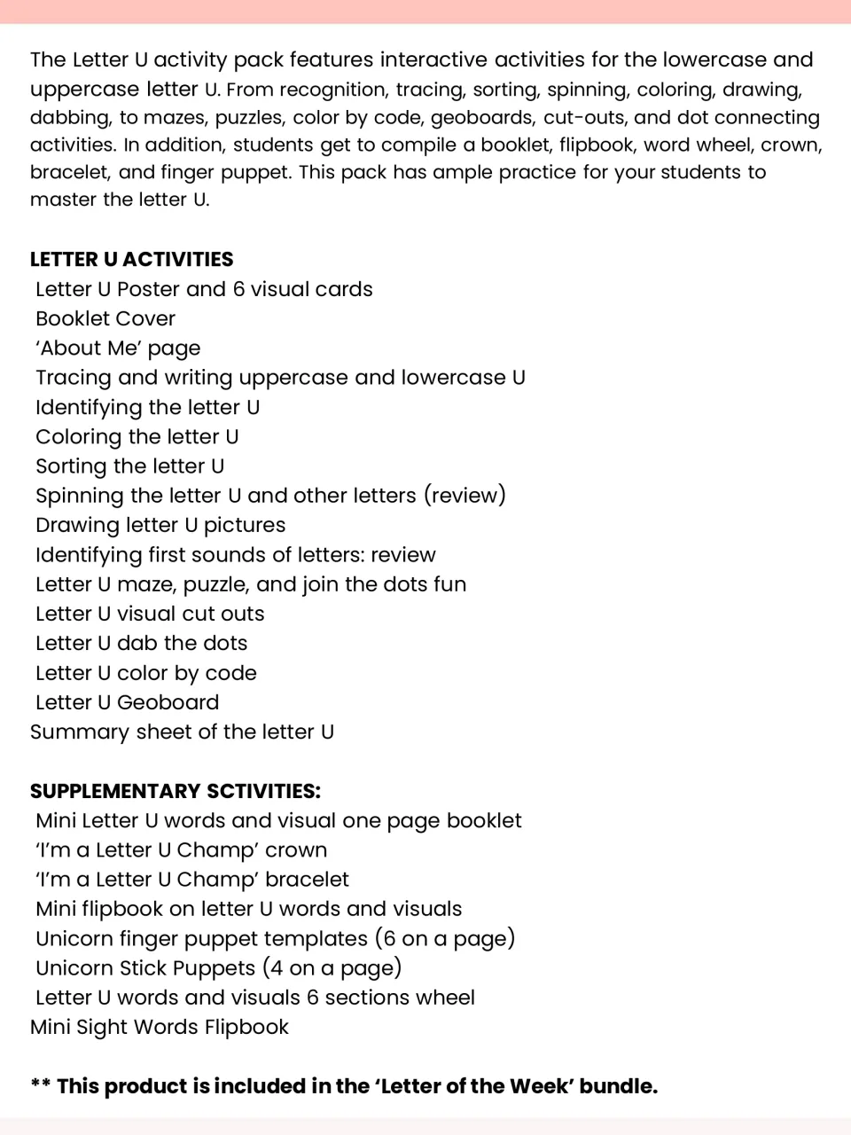 Letter U activity list: tracing, sorting, mazes, color by code, geoboard, plus a crown, bracelet, flipbook and puppets