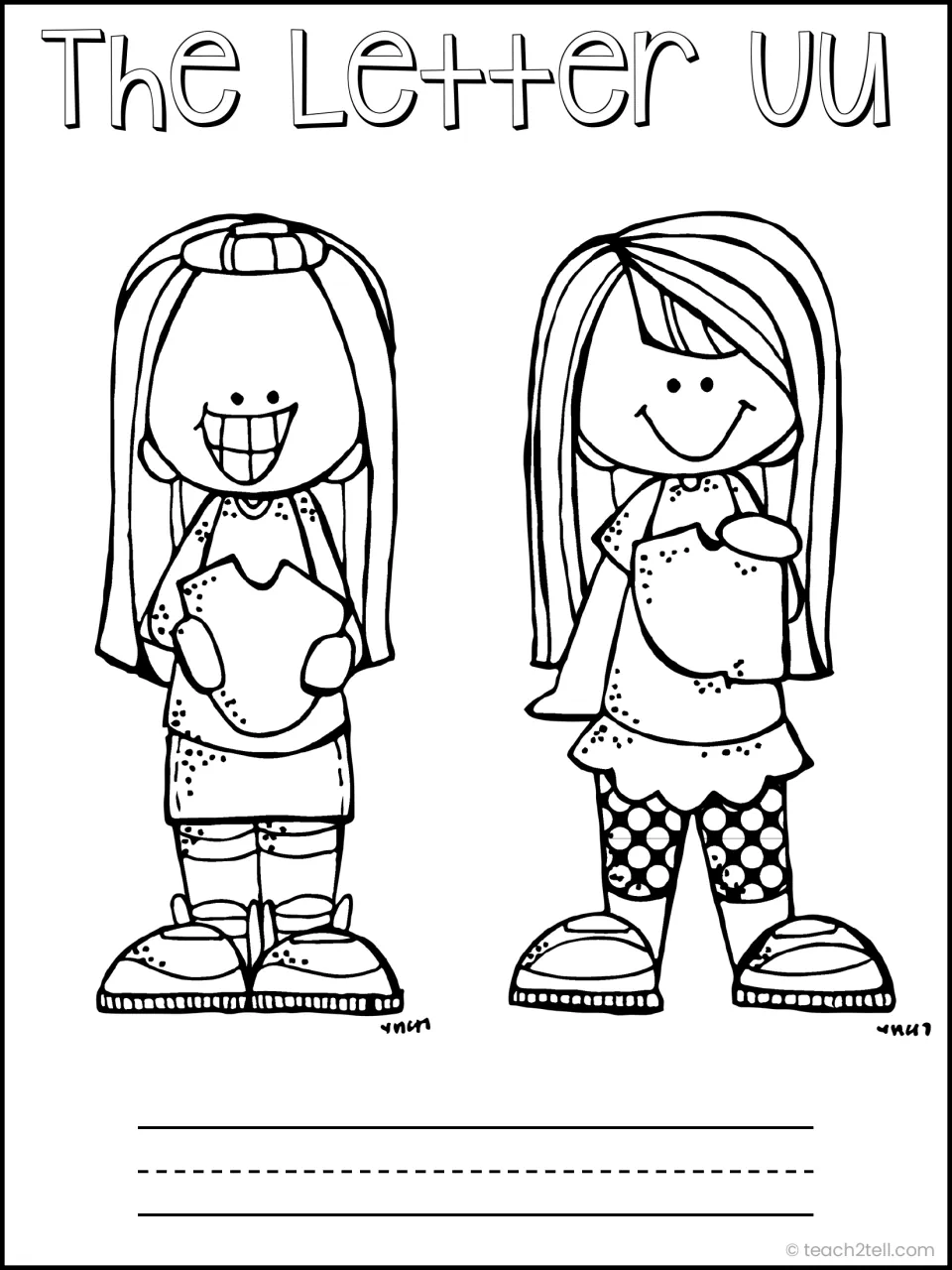The Letter Uu booklet cover: students color two smiling girls and write their name on the line below