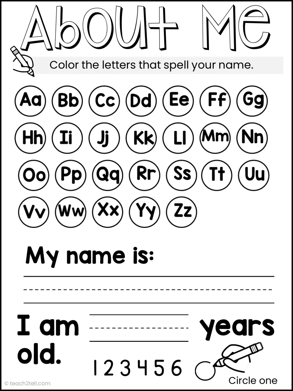 About Me: students color the alphabet letters in their name, write their name and age, and circle a number from 1 to 6