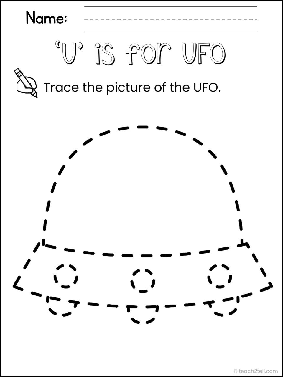 'U' is for UFO: students trace the dashed outline of a UFO, a picture for a word beginning with the letter U