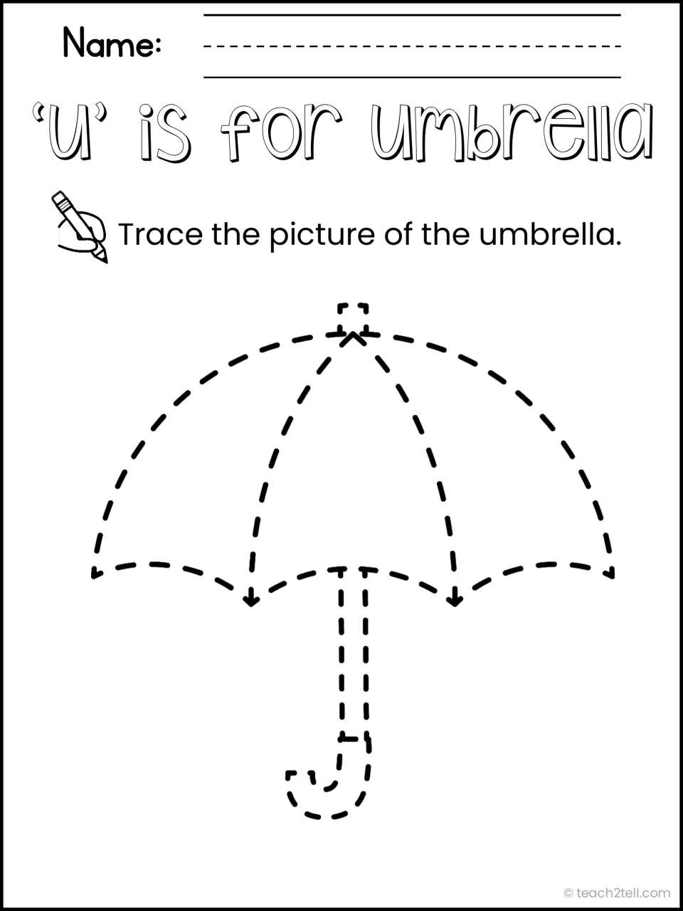 'u' is for umbrella: students trace a dashed umbrella outline, including its spokes and curved handle
