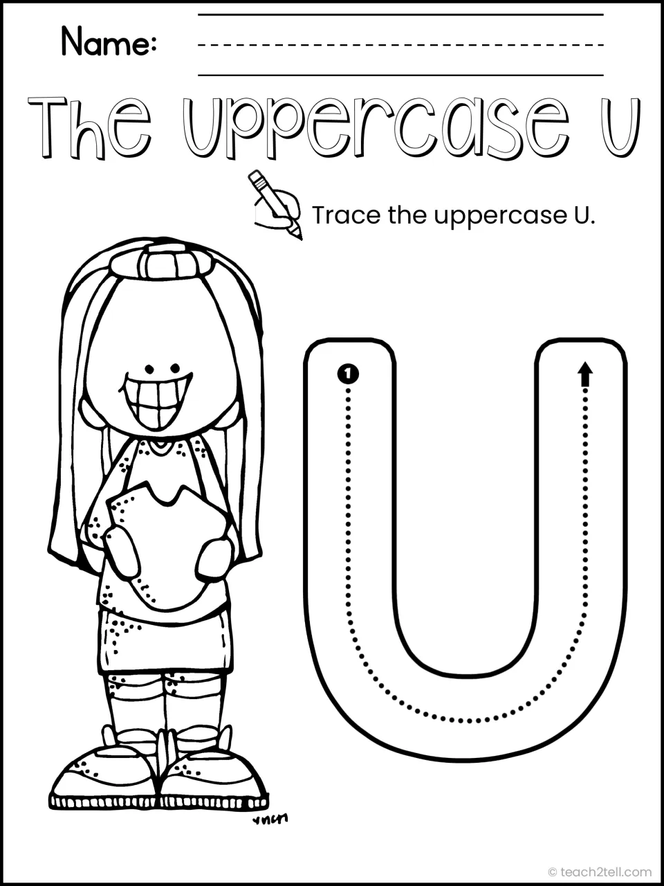 The Uppercase U: students trace a large capital U along a dotted path that starts at a numbered dot and follows arrows