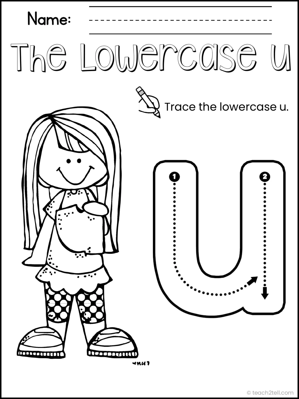 The Lowercase u: students trace a large lowercase u, following numbered strokes 1 and 2 and the direction arrows