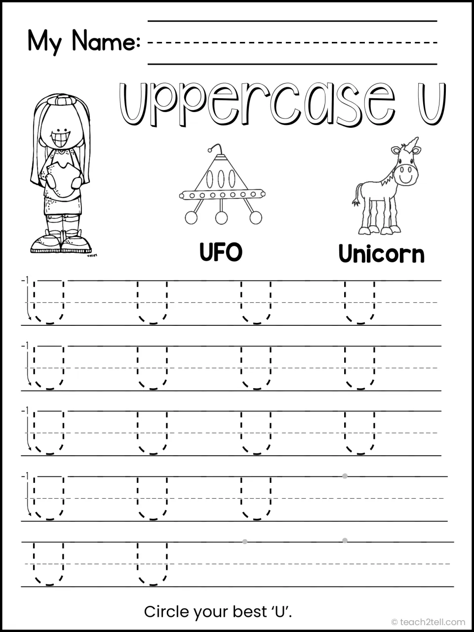 Uppercase U handwriting: students trace dashed capital Us beside UFO and Unicorn pictures, then circle their best one