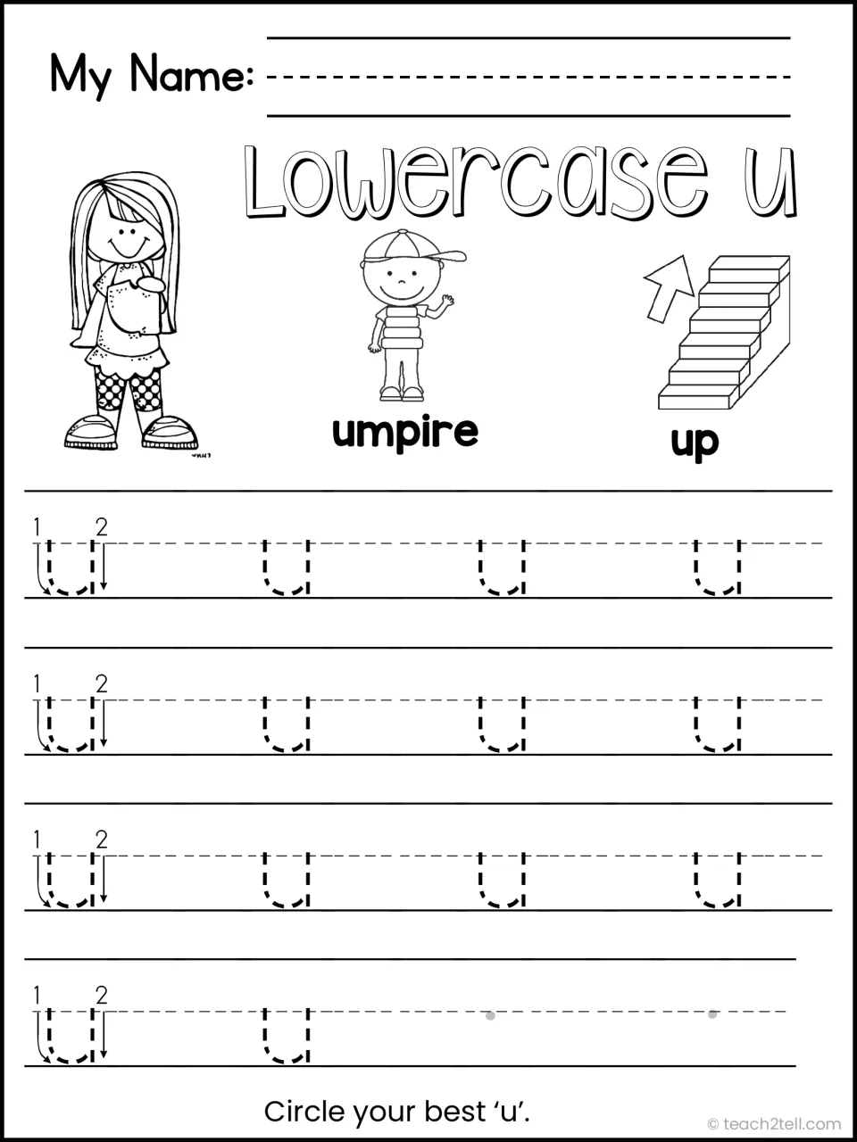 Lowercase u handwriting: students trace rows of dashed u letters beside umpire and up pictures, then circle their best u