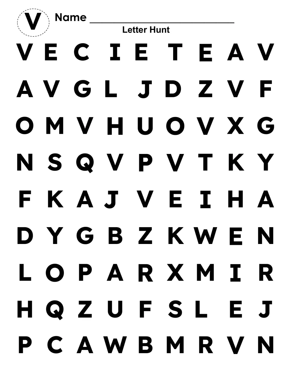Letter Hunt for capital V only: students find and mark each V hidden among other letters to build letter recognition